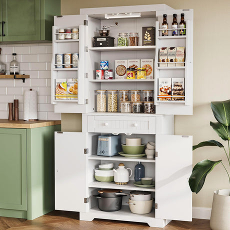 Bestier Pantry Cabinet, 72" Tall Kitchen Cabinet with Doors, 2 Adjustable Shelves & 1 Drawer, Kitchen Storage Cabinets with Motion Sensor Light, Freestanding Cupboards for Dining Room, Bathroom, White Bestier