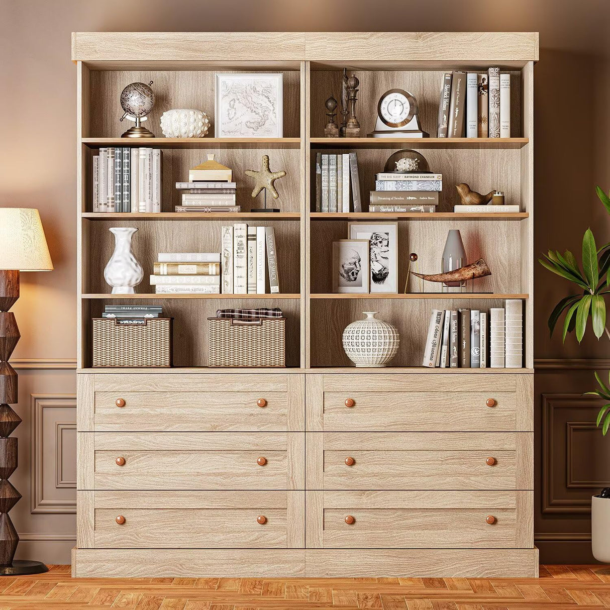 Vyre 71" Tall Farmhouse Bookshelves with Drawers, Set of 3 – Large Modular Bookcase with Adjustable Shelves, Storage Cabinet for Living Room, Kitchen, Home Office, Brown Vyre