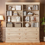 Vyre 71" Tall Farmhouse Bookshelves with Drawers, Set of 3 – Large Modular Bookcase with Adjustable Shelves, Storage Cabinet for Living Room, Kitchen, Home Office, Brown Vyre