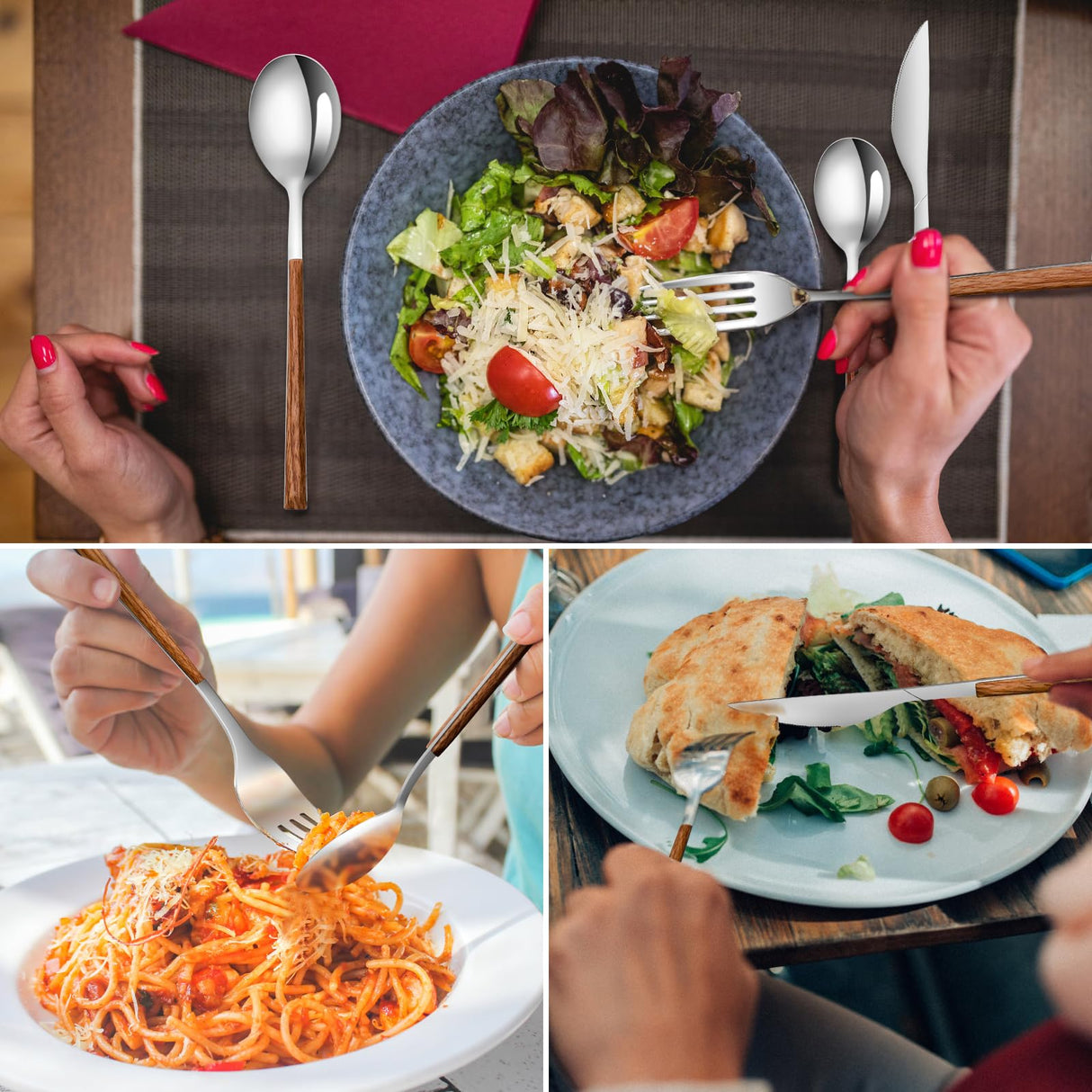 Stainless Steel Flatware Set for 4, Cutlery Utensils Set with Simulated Wooden Handle Include Knives Forks Spoons Service for 4, Mirror Polished and Dishwasher Safe (Silver) SNBNX