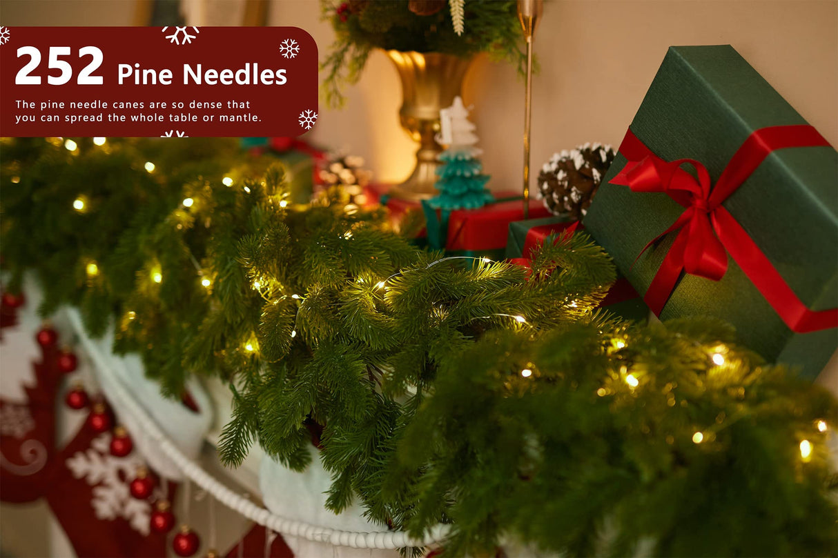 6FT Christmas Garland PARTY JOY Pine Garland with 9.8FT LED Lights String, Greenery Plant for Christmas Decorations Table Mantle Background Wall Room Outdoor Indoor Winter Decoration PARTY JOY