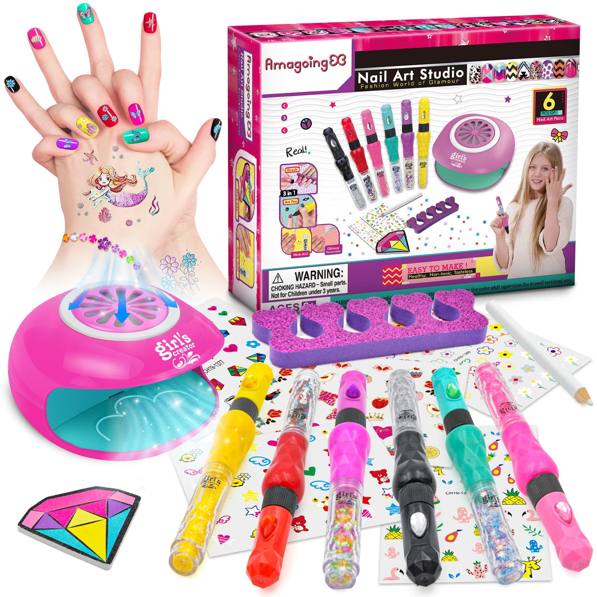 Amagoing Nail Art Studio for Girls, Nail Polish Kit for Kids Age 6-12 Year Old, 2 in 1 Nail Polish, Nail Dryer, Fashion Nail Decals, Glitter, Decoration Supplies, Makeup Gift for Birthday, Girly Spa Amagoing