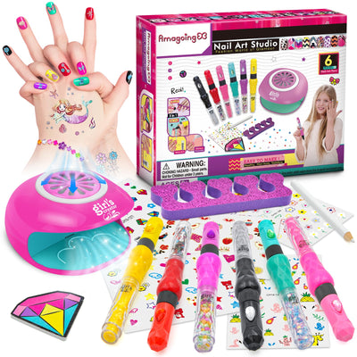 Amagoing Nail Art Studio for Girls, Nail Polish Kit for Kids Age 6-12 Year Old, 2 in 1 Nail Polish, Nail Dryer, Fashion Nail Decals, Glitter, Decoration Supplies, Makeup Gift for Birthday, Girly Spa