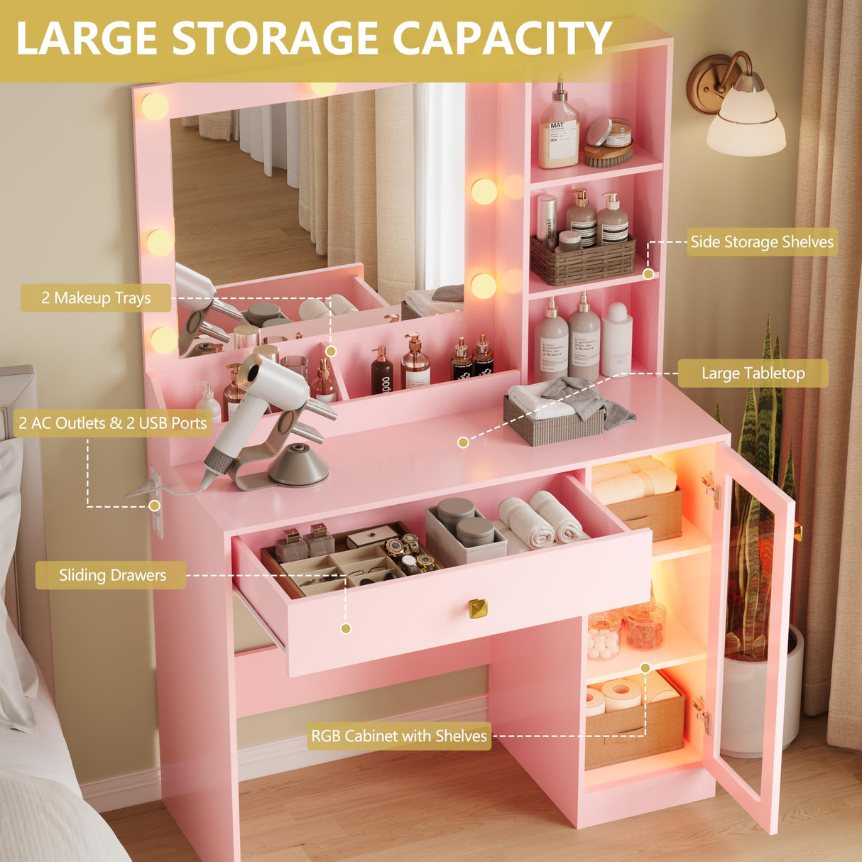 Vanity Desk with Mirror and Lights, Small Makeup Vanity Table with RGB Storage Cabinet & Power Strips & Shelves, 3 Lighting Modes & Adjustable Brightness, Dressing Table for Women Girls Bedroom, Pink Xixini