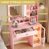 Vanity Desk with Mirror and Lights, Small Makeup Vanity Table with RGB Storage Cabinet & Power Strips & Shelves, 3 Lighting Modes & Adjustable Brightness, Dressing Table for Women Girls Bedroom, Pink Xixini