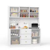 VOWNER Large Kitchen Hutch Cabinet with 3 Metal Doors & Pegboard, Pantry Storage Cabinet with Cup Holder & Power Outlet, Freestanding Cupboard for Kitchen, Dining Room (White) VOWNER