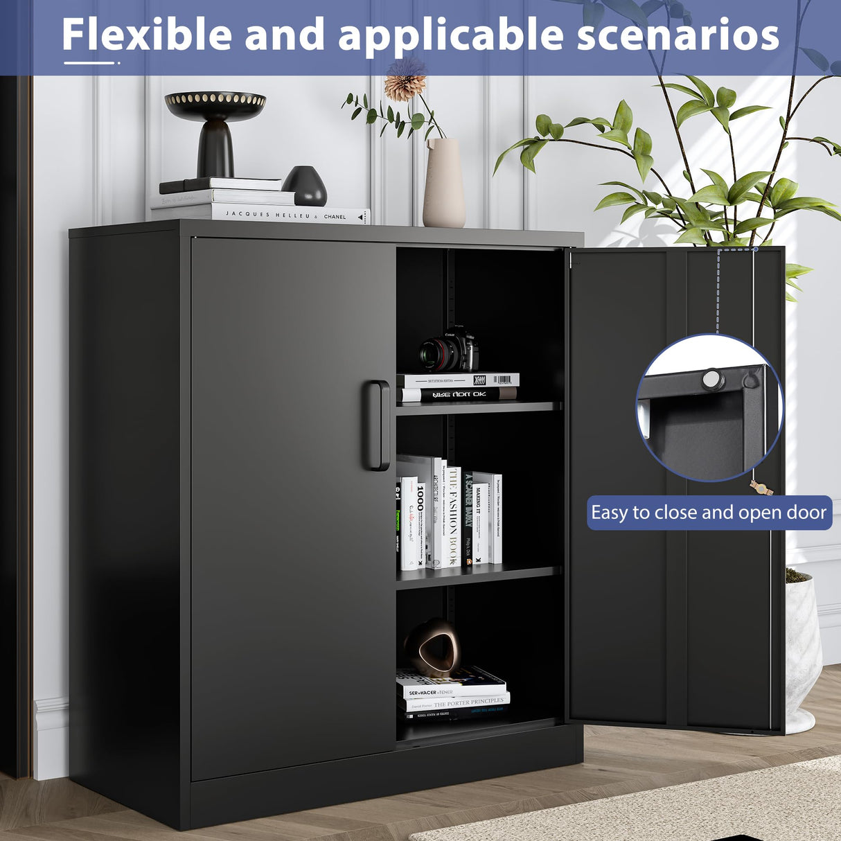 LISSIMO Metal Storage Cabinet,Locker Storage Cabinet with Doors and Adjustable Shelves,Steel Cabinet for Garage,Home,Office and School Assembly Required(Black) LISSIMO