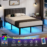 OLEVS Full Bed Frame with Headboard Metal Platform Bed Full Size with USB Charging Station and LED Lights, No Box Spring Needed OLEVS