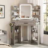 Makeup Vanity Desk, Corner Vanity with Large LED Mirror,Lots Open Shelves,Gray Vanity with Charging Station,Farmhouse Makeup Vanity Table with 3 Lighting Modes, Brightness Adjustable Maupvit
