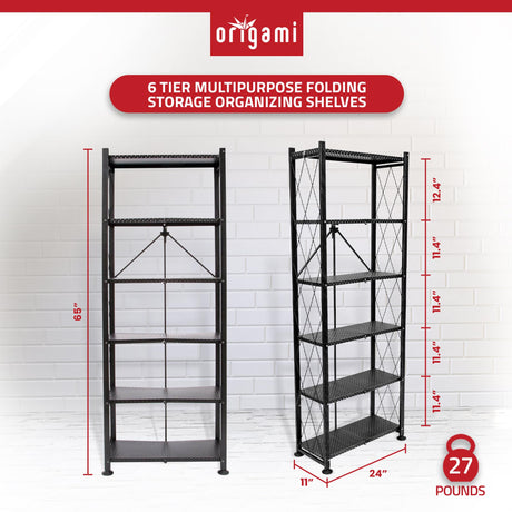 Origami 6 Tier Classic Stamped Metal Storage Shelves for Books, Decor, Vinyl Records, and Garage Organization and Storage, Black Origami