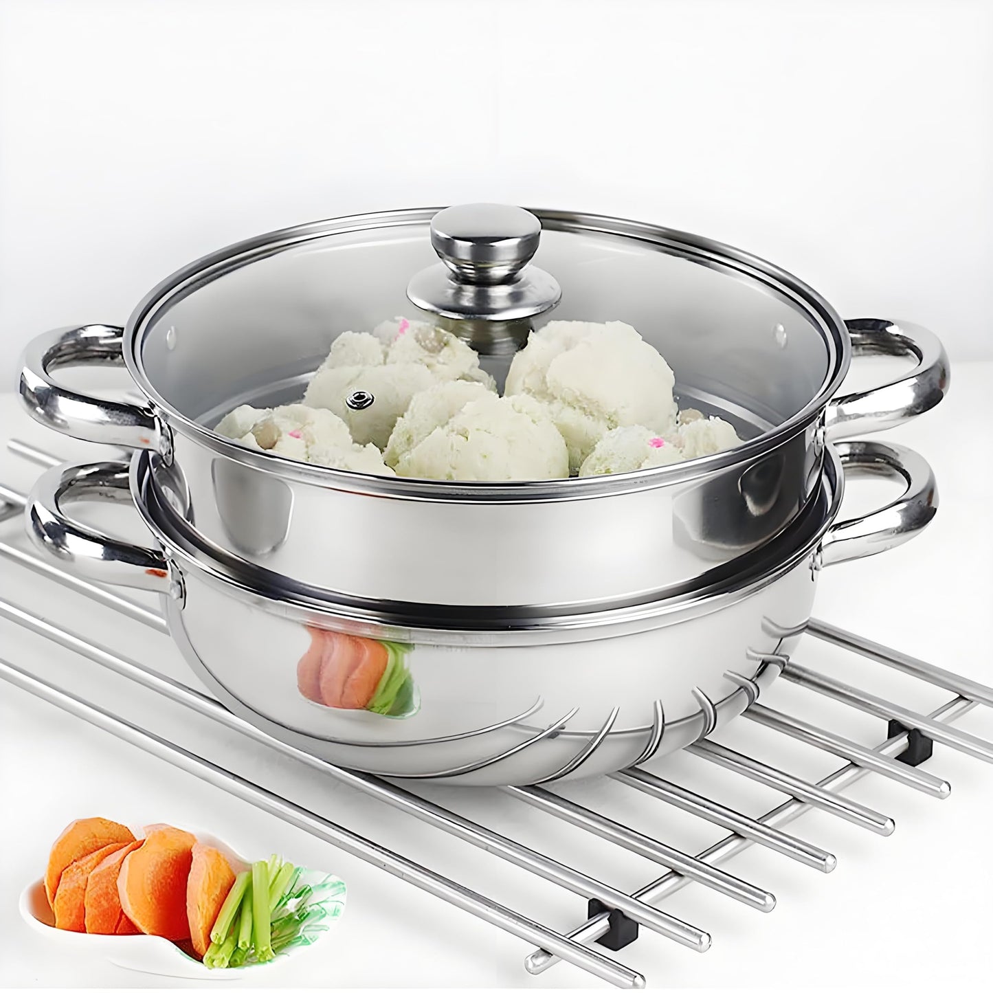 Steamer Pot Stainless Steel 2 Tier - 28cm Steamer Pot w/Glass Lid Food Veg Cooker Pot Cooking Pan Steaming Pot Dim Sum Cookware Steamer For Kitcken Cooking Tool