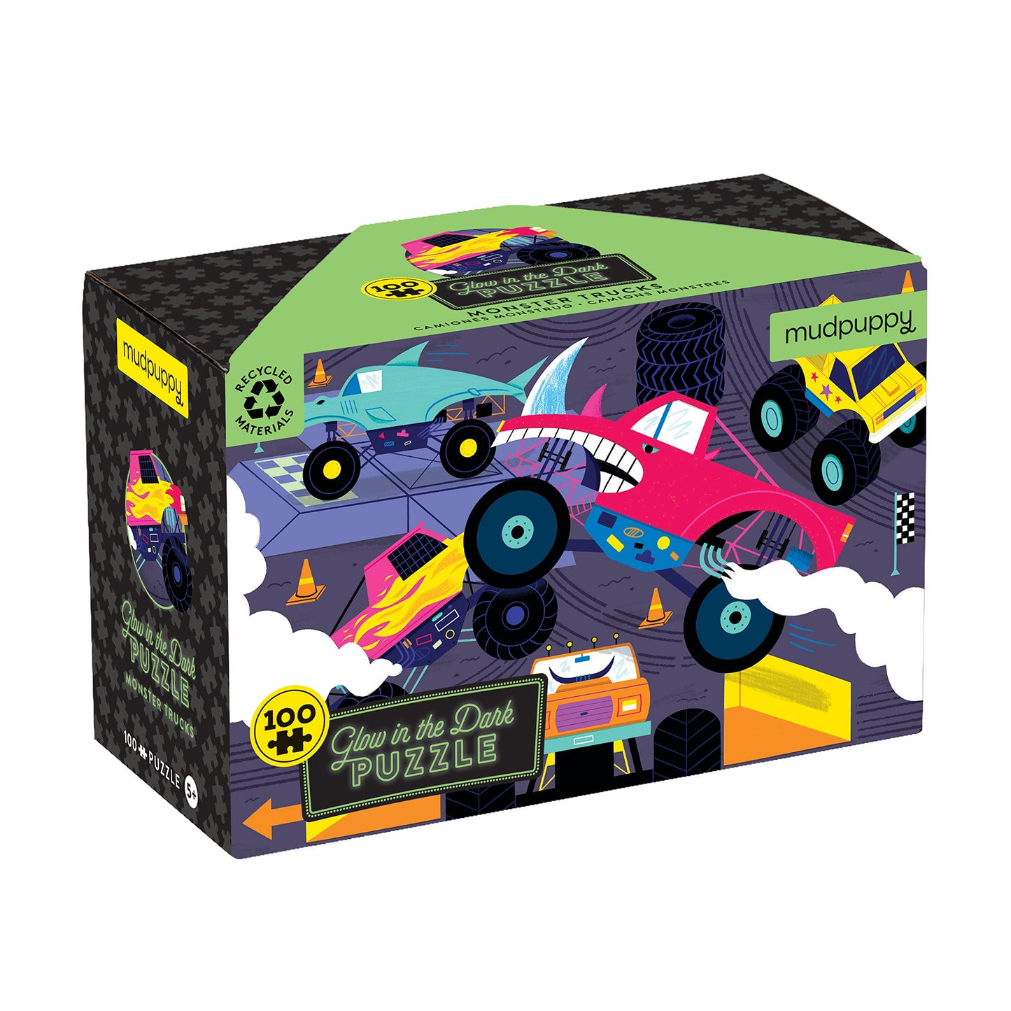 Mudpuppy Monster Trucks – 100 Piece Glow in The Dark Puzzle with Colorful Scene of Cars and Trucks and Hidden Puzzle Details in The Dark for Children Ages 5 and Up