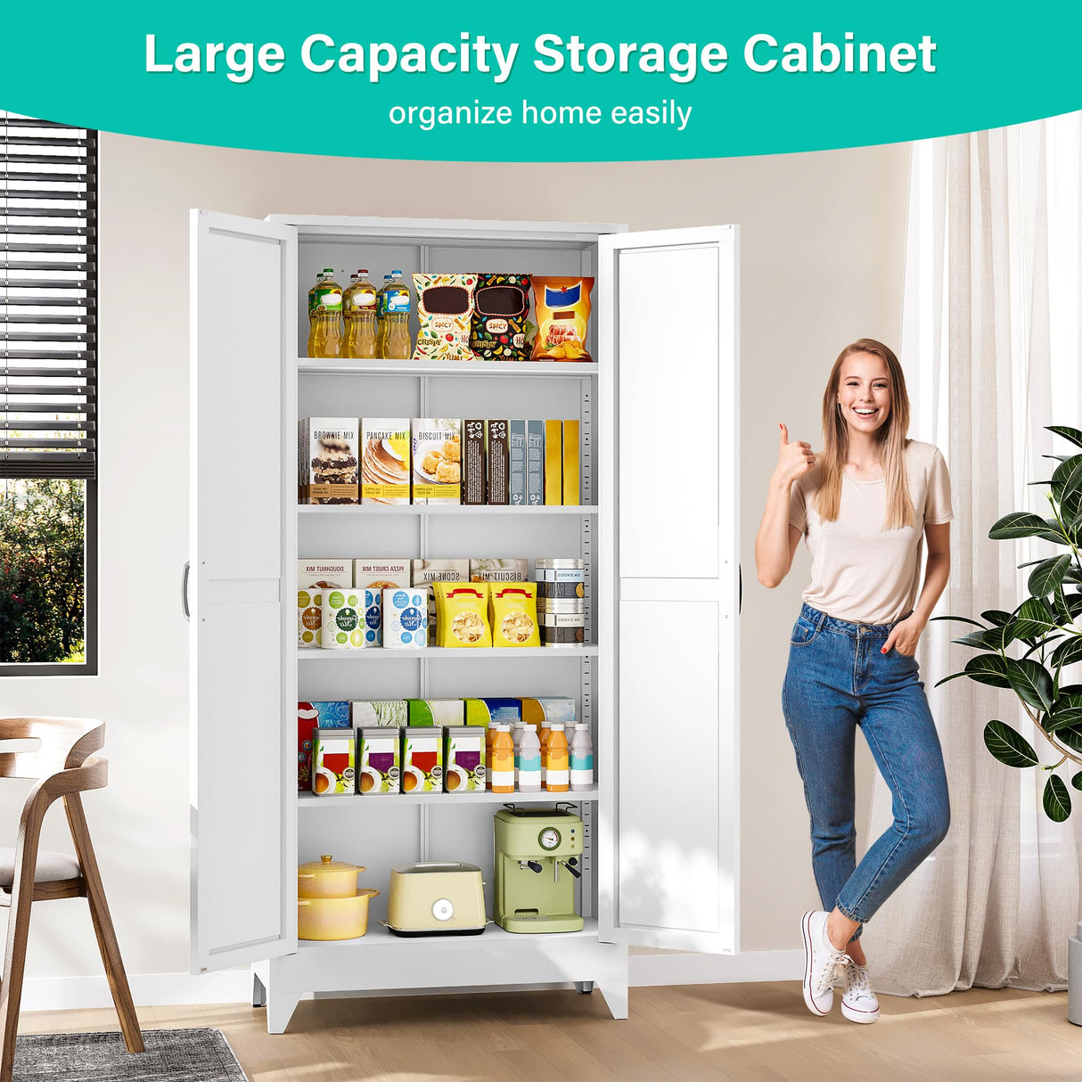 75" Tall Pantry Cabinet,Farmhouse Kitchen Pantry Storage Cabinets with 2 Doors and 4 Shelves,White Metal Storage Cabinet,Large Cupboard for Home,Kitchen,Dining/Living Room SISESOL