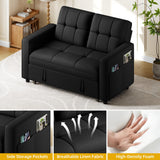 YITAHOME 55" Convertible Sofa Bed, 3-in-1 Sleeper Sofa with Iron Frame Pull-Out Bed, Linen Futon Couch with Reclining Backrest and Side Pocket, Modern Loveseat for Living Room Bedroom Apartment, Black YITAHOME