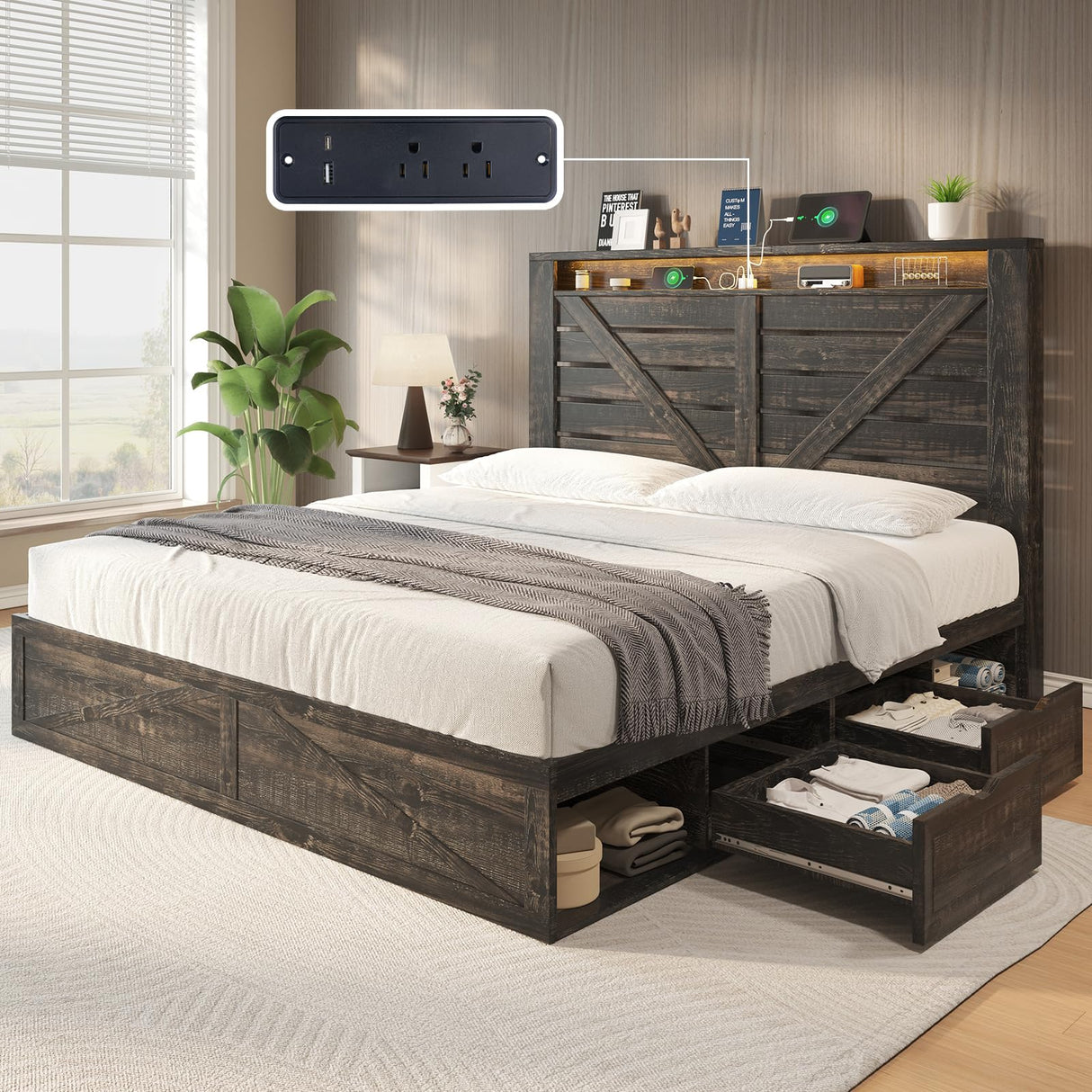 AMERLIFE Farmhouse Bed Frame with 4 Drawers & 4 Open Storage Space, Queen Size Storage Bed with LED Light & Charging Station, Wooden Slats, Noise Free, Rustic Black AMERLIFE
