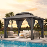 Sumshadow 10' x 12' Hardtop Gazebo, Aluminum Frame Canopy with Galvanized Steel Double Roof, Metal Pavilion with Netting and Curtains, Patio Hard Top Gazebo for Patio, Lawns, Deck, Backyard,Grey Sumshadow