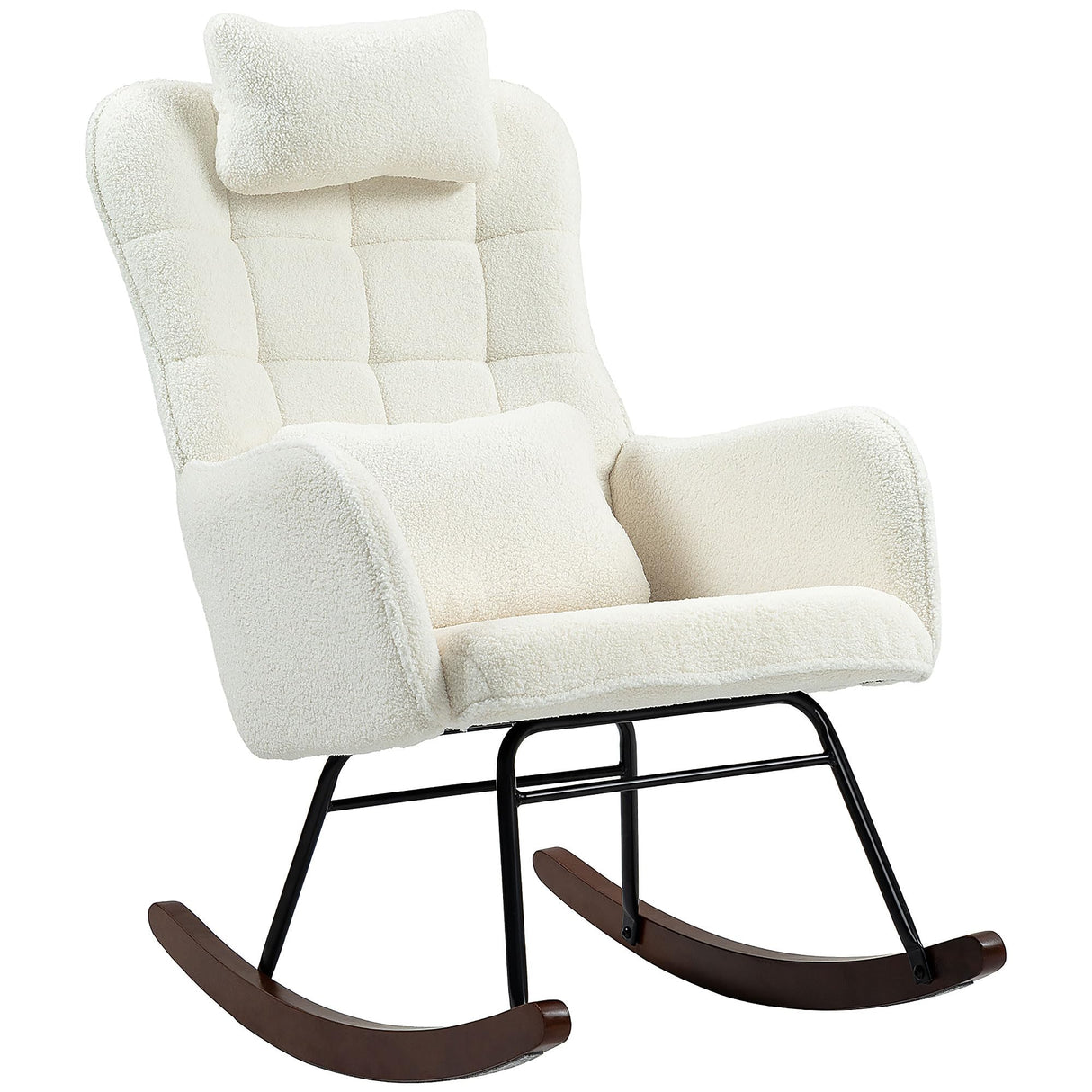 HOMCOM Upholstered Rocking Chair with Headrest and Lumber Pillow, Teddy Fleece Modern Rocker Chair with High Back, Steel Frame and Beech Wood Base for Living Room, Bedroom, Cream White HOMCOM
