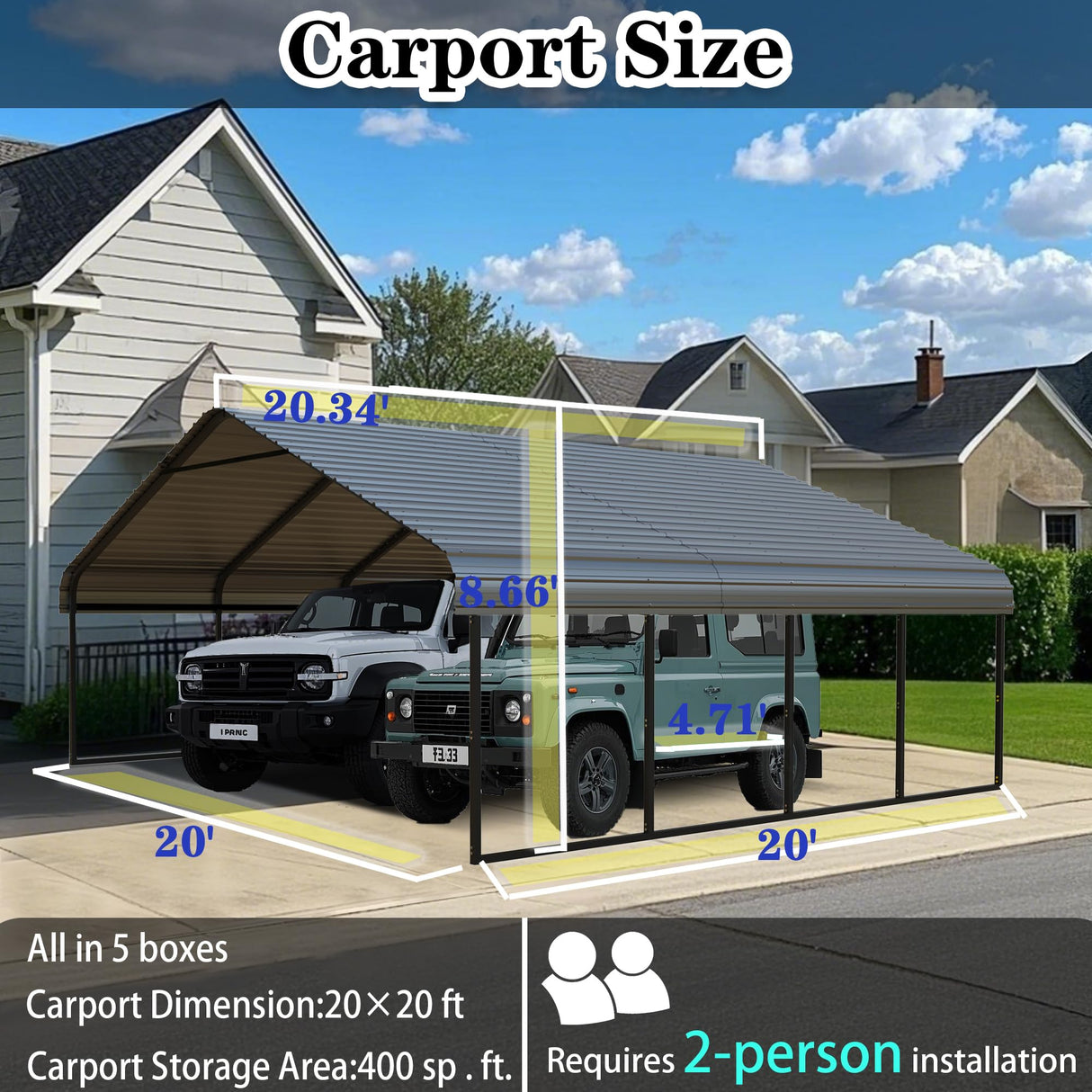 FILLOSLOV Heavy Duty Metal Carport 20x20 ft Galvanized Steel Frame RV Carport Storage All Weather Shelter Easy Assembly for 2 Car Extra Large Canopy for Dual Vehicle Boat Protection Garage Party Tent FILLOSLOV