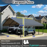 FILLOSLOV Heavy Duty Metal Carport 20x20 ft Galvanized Steel Frame RV Carport Storage All Weather Shelter Easy Assembly for 2 Car Extra Large Canopy for Dual Vehicle Boat Protection Garage Party Tent FILLOSLOV