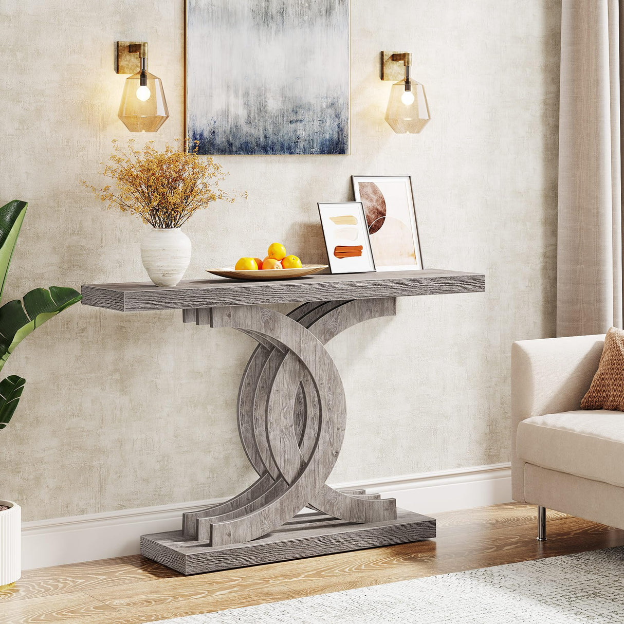 Tribesigns Console Tables Modern Farmhouse 39-inch Entryway Table with Geometric Base, Wooden & Metal Hallway Table/Narrow Sofa/Accent Table for Entrance, Living Room (Grey) Tribesigns