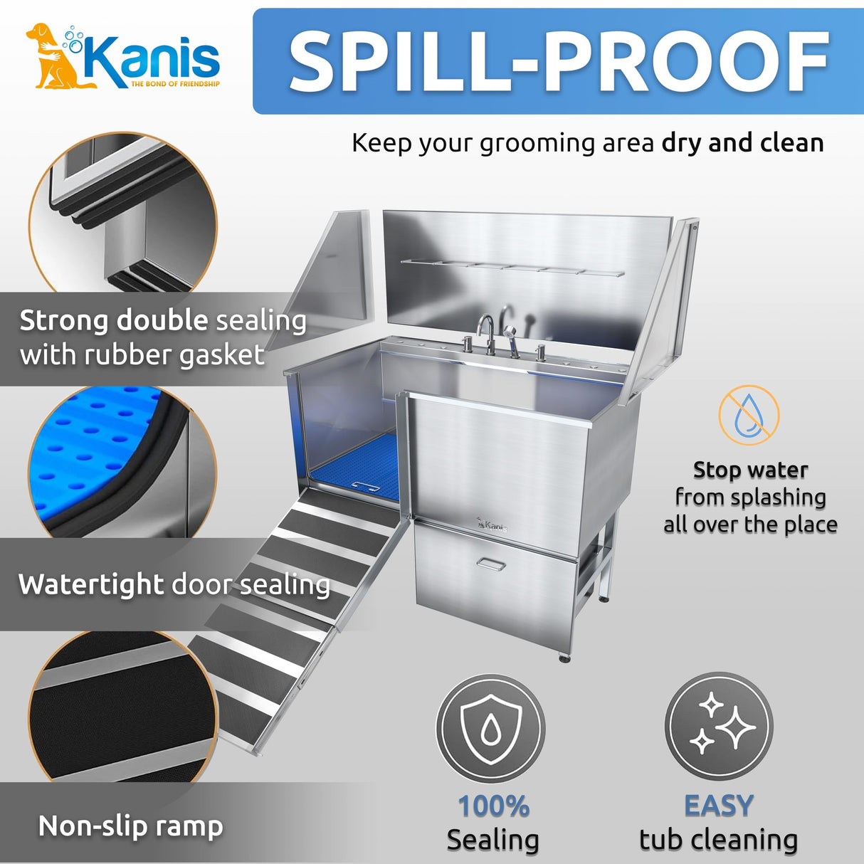 KANIS Professional Stainless Steel Dog Bathing Station - Dog Grooming Tub w/Ramp, Storage Drawer, Floor Grate & Faucet/Dog Bathtub for Large, Medium & Small Pets (50", Left RAMP - 1 Drawer) KANIS