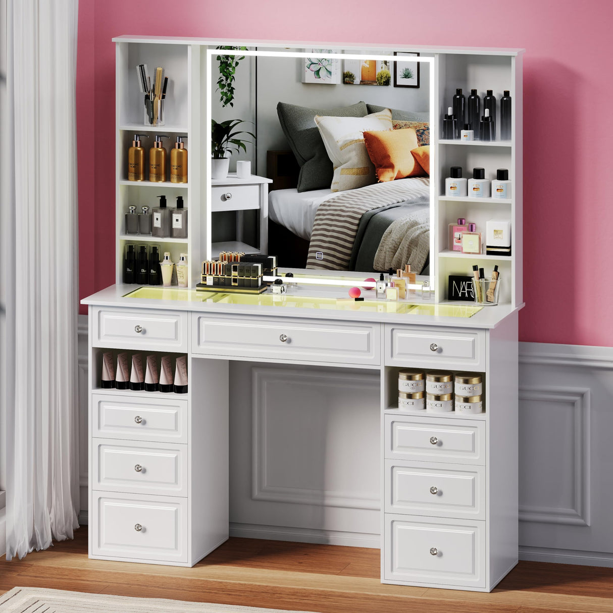 Wildhome Vanity Desk with Mirror and Lights, Glass Top Dressing Table with 9 Drawers, Makeup Vanity with Storage Bench, European Style Vanity, Adjustable Brightness Vanity for Bedroom(White) Wildhome