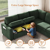 Vesgantti 88.4" Sectional Sleeper Sofa with Pull Out Bed, 5 Seater L Shaped Modular Sectional Couch with Storage, Comfy Chenille Modular Couch for Living Room, Bedroom, Apartment, Green Vesgantti