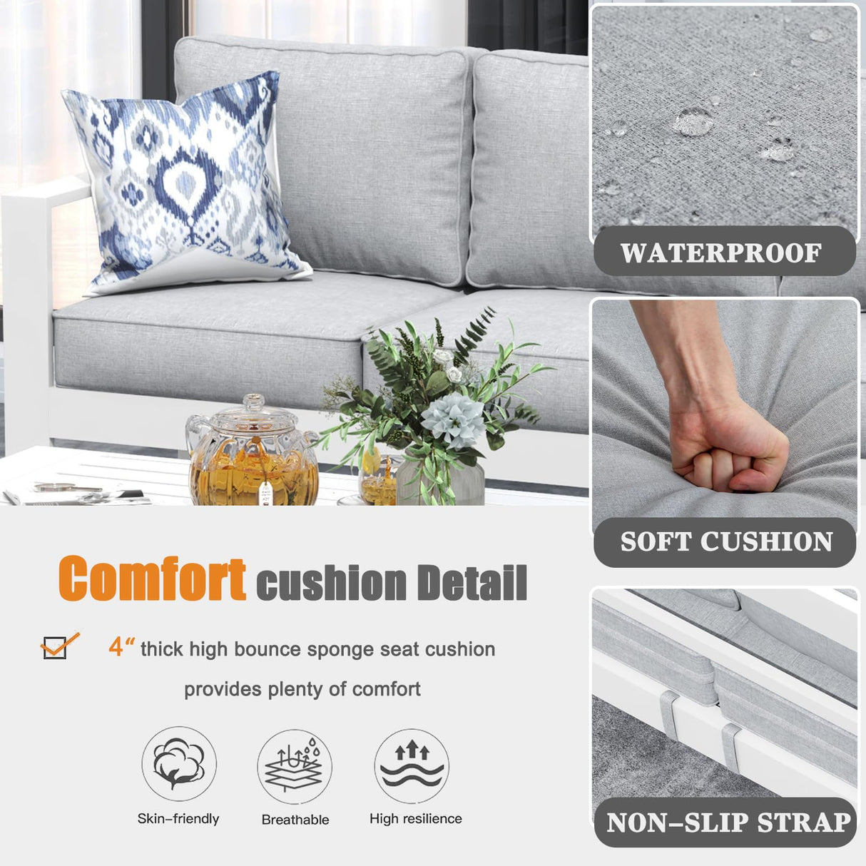 KHOLH 5 Piece Modern Aluminum Patio Furniture Set, Outdoor Patio Sectional Conversation Metal Seating Sets with Olefin Cushion and Coffee Table KHOLH