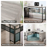 LVB Reversible Gray L Shaped Corner Desk, Farmhouse Wood Computer Desk with File Drawers Cabinets, Large Work Study Executive Home Office Desk with Storage Shelves for Bedroom, Light Grey Oak, 59 Inch LVB