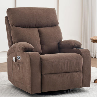 Ketaiyou Power Swivel Rocker Recliner Massage Chair for Adults, Electric Rocking Recliner Glider Chairs for Living Room with USB and Type-C Ports,Fabric Reclining Sofa Chair (Mocha Brown)