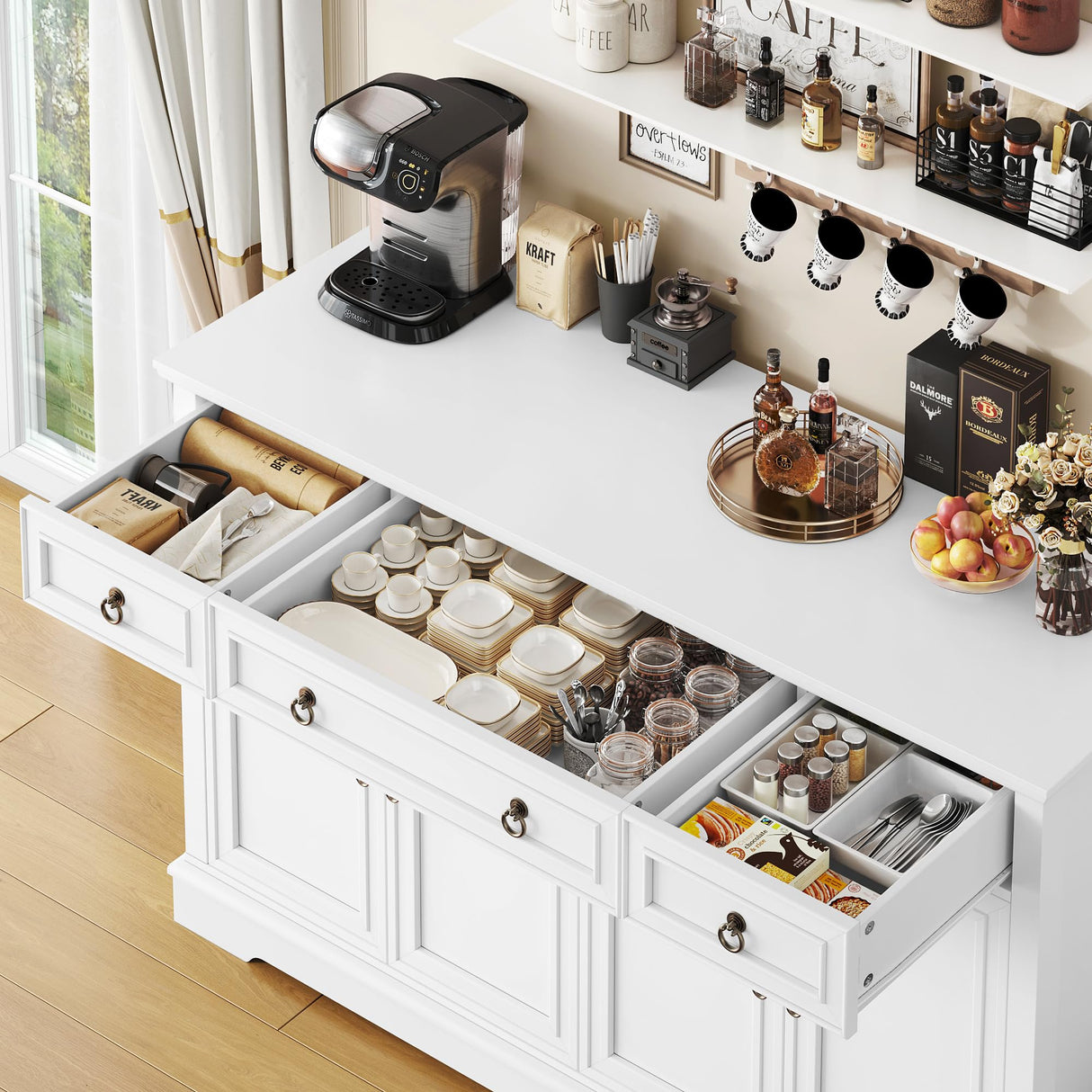 finetones Buffet Cabinet with Storage, 55.1" Large Sideboard Buffet Cabinet, White Kitchen Cabinet with 3 Drawers and 4 Doors, Wood Coffee Bar Cabinet for Kitchen Dining Room, White finetones