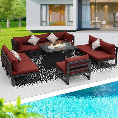 BULEXYARD 9 Piece High End Aluminum Patio Furniture Set with Fire Pit Table, 500 lbs Heavy Duty Outdoor Sectional Sofa, 29" Deep Wide Oversized Seat, L Shaped Conversation Couch for Exterior, Burgundy