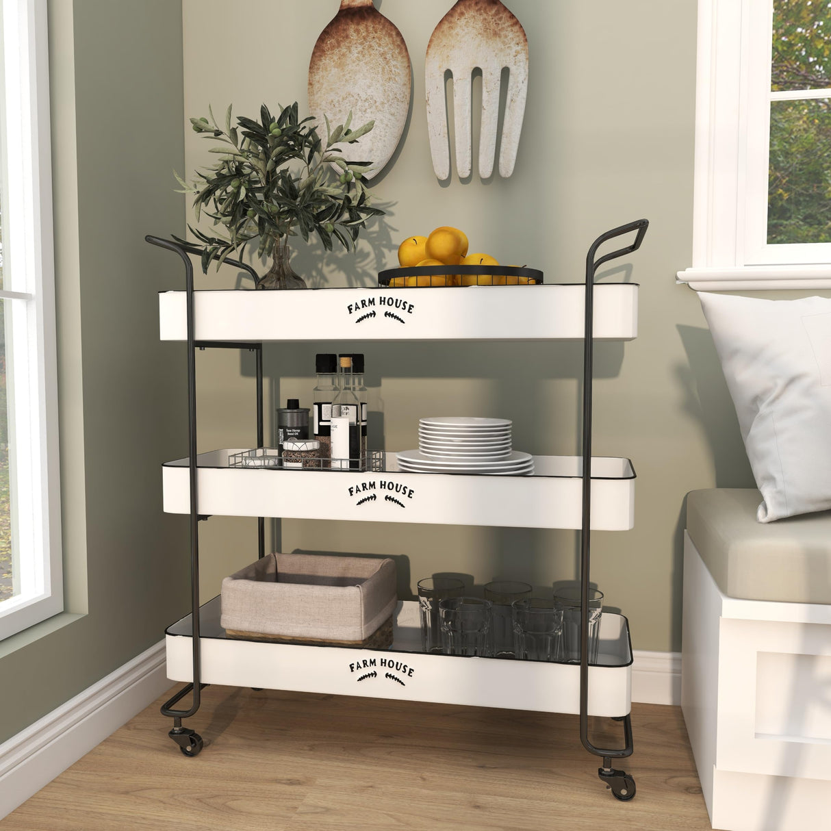 Deco 79 Metal Kitchen Rolling 3 Shelves Storage Cart with Black Accents and Farm House Design, 32" x 12" x 35", White Deco 79