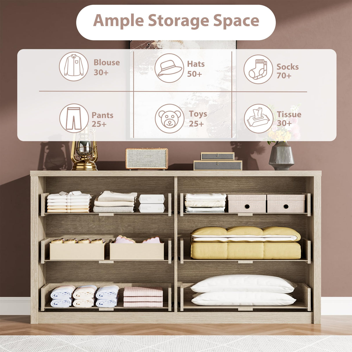 GarveeHome 6 Drawer Dresser for Bedroom, Wide Wood Chest of Drawers Handle Free, Large Modern Dresser Storage Cabinet for Living Room, Hallway Entryway GarveeHome