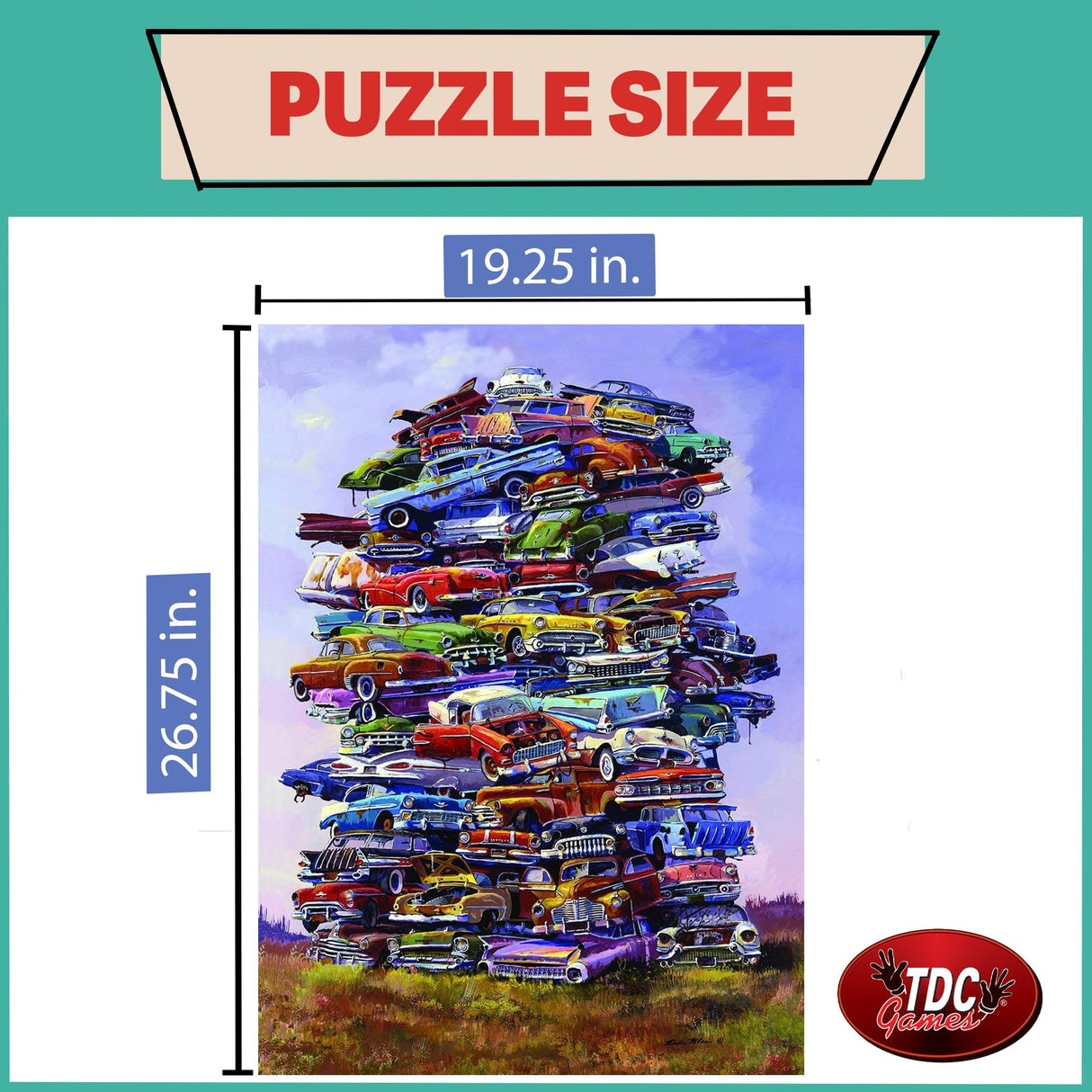 TDC Games Classic Car Puzzle Fabulous 50s Junkpile by Dale Klee, 1000 Piece Jigsaw Puzzle for Kids and Adults, 26.75 x 19.25 inches Educational Puzzles, Difficult and Challenging Classic Car Puzzle TDC Games