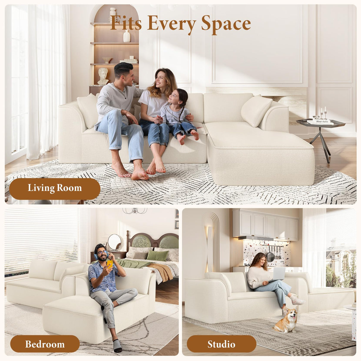 Vesgantti 106" Cloud Sectional Couch with Chaise, Deep Seat Modular Sectional Sofa Chenille Memory Foam Sofa Boneless Couches for Living Room Bedroom, No Assembly Required (Beige, Right-Facing Chaise) Vesgantti