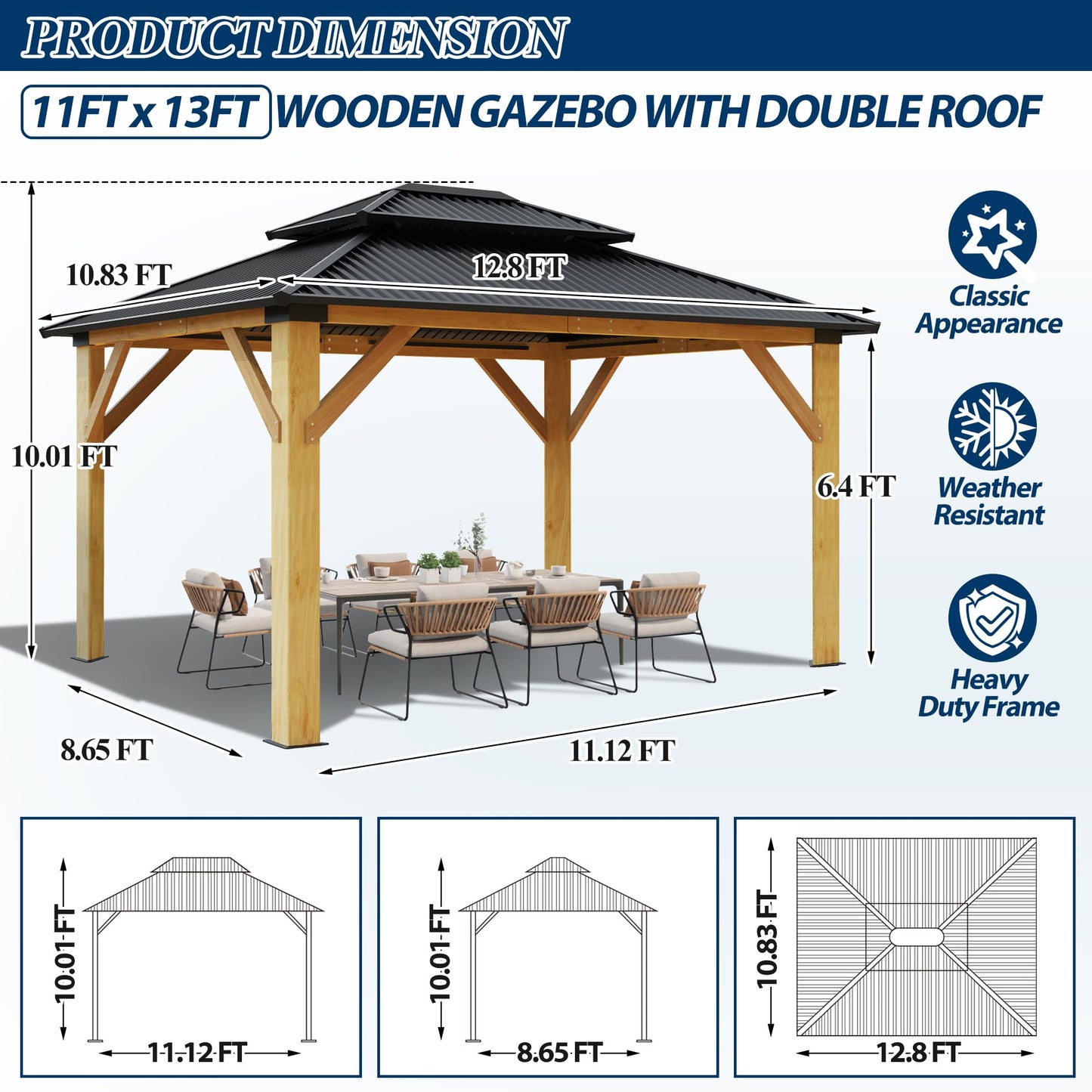 COVERONICS 11FT x 13FT Outdoor Cedar Wooden Gazebo - Patio Wood Frame Gazebo with Galvanized Steel Hardtop, Heavy-Duty Hardtop Gazebo for Garden, Poolside, Deck, Backyard - WoodArtSupply