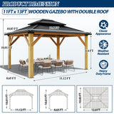 COVERONICS 11FT x 13FT Outdoor Cedar Wooden Gazebo - Patio Wood Frame Gazebo with Galvanized Steel Hardtop, Heavy-Duty Hardtop Gazebo for Garden, Poolside, Deck, Backyard COVERONICS