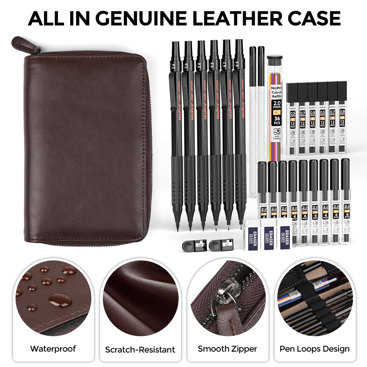 Nicpro 30PCS Black Metal Mechanical Pencil Set in Leather Case, Art Drafting Pencil 0.5, 0.7, 0.9 mm, 2mm Lead Pencil Holders for Sketching Drawing With 16 Tube (6B 4B 2B HB 2H 4H Colors)Lead Refills Nicpro