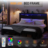 madeslves Wooden Bed Frame King Size with Storage Headboard, Rustic Platform Bedframe with LED Lights & Charging Station, Sturdy Metal Slats Support, Noise-Free, No Box Spring Needed, Black madeslves