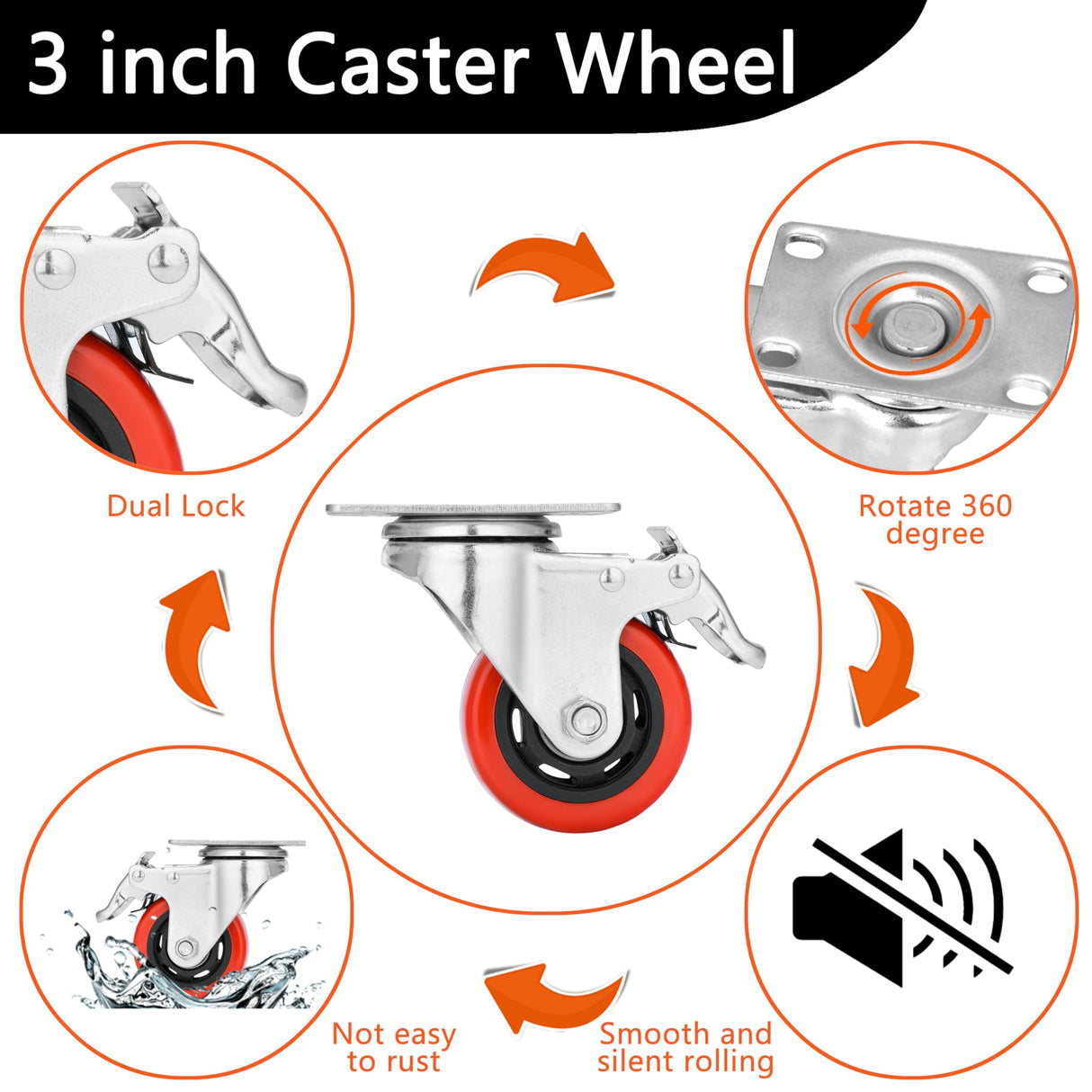 Mofeetools 3 inch Heavy Duty Casters Load 1200lbs, Lockable Bearing Plate Caster Wheels with Brakes, 360-degree Swivel Casters for Furniture and Workbench Cart, Set of 4(Free Bolts and Nuts) Mofeetools