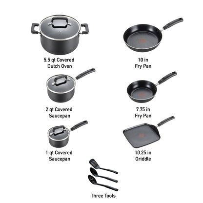 T-fal Signature Nonstick Cookware Set 12 Piece, Oven Broiler Safe 350F, Pots and Pans, Kitchen Cooking Set w/ Fry Pans, Saucepans, Saute Pan, Dutch Oven, Griddle, Kitchen, Home, Dishwasher Safe, Black