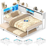 Homieasy Corner Bed Frame with Trundle, Reversible Metal Twin Daybed with LED & Charging Station, Farmhouse Platform Bed Frame with Bookcase Storage for Bedroom Guest/Living Room, White Homieasy