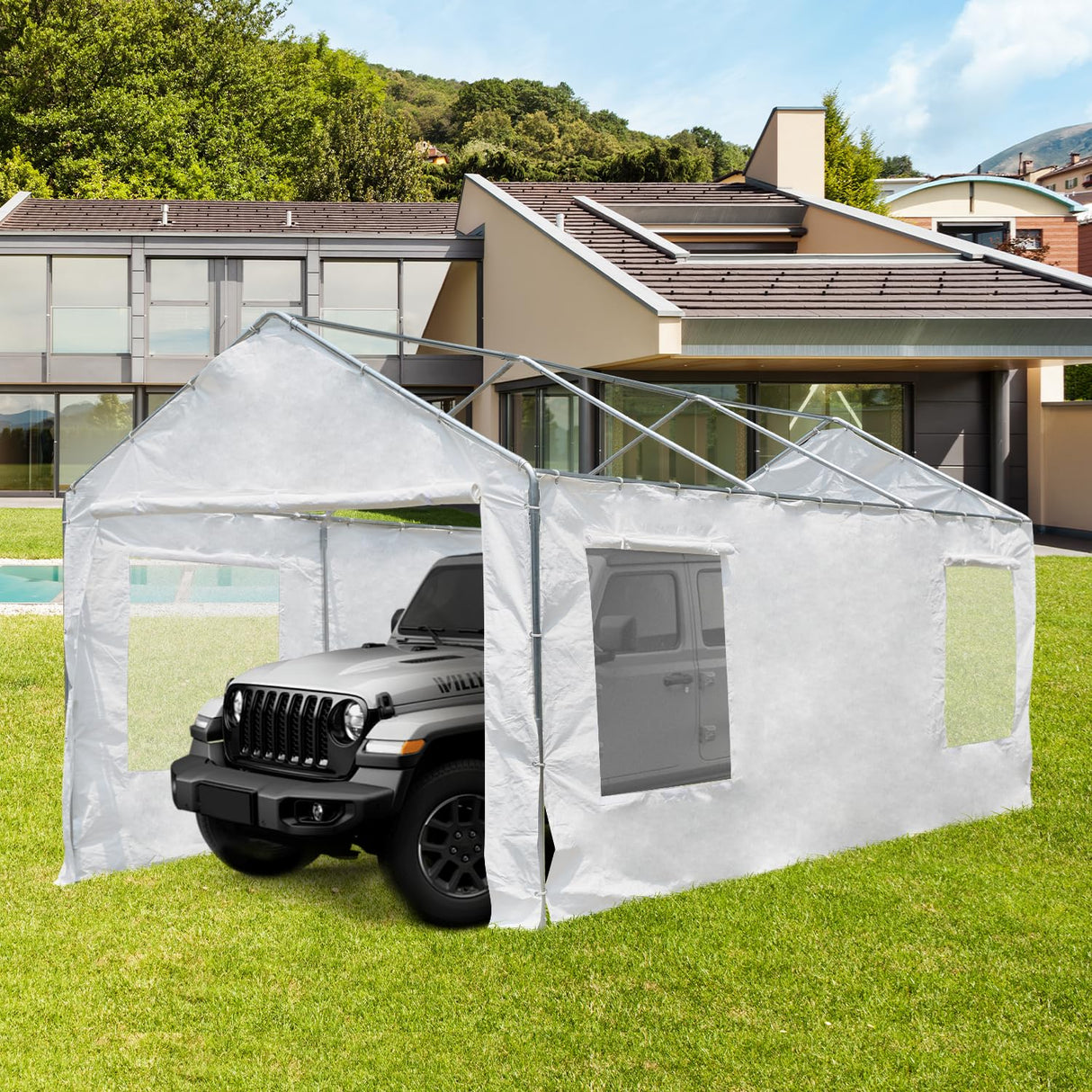 MELLCOM 10 x 20ft Carport Replacement Canopy Cover Side Wall with Window,Garage Tent Shelter Waterproof & UV Protected,White (Top and Frame Not Included) MELLCOM