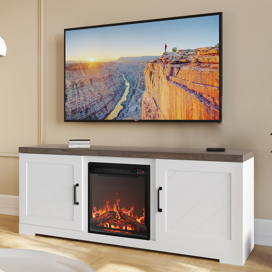 BELLEZE Modern 58" Farmhouse TV Stand with 18" Electric Fireplace Heater & Media Entertainment Center for TV up to 65", Console Table with Storage Cabinets - Hilo (White)