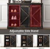 FinerFurnis 77 Inch Farmhouse Hall Tree Bench with 2 Mirrors, Shoe Storage, Coat Rack, Sliding Barn Doors, Wooden Entryway Organizer Furniture for Apartments, Mudroom, Deep Oak FinerFurnis