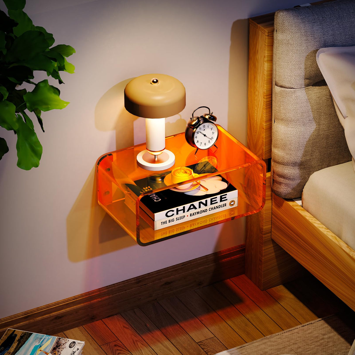Dewrhiixe Acrylic Floating Nightstand, Bedside Table, Nightstand Shelf Wall Mounted Bedside Shelf (Orange, Small) Dewrhiixe