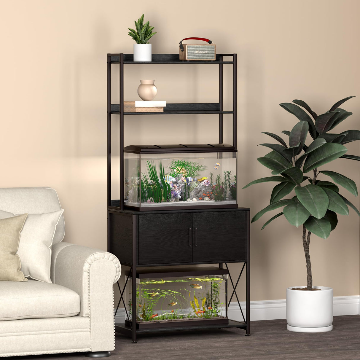 Herture 20-29 Gallon Fish Tank Stand, Aquarium Stand with 2 Shelves and Cabinet Accessories Storage, for 20 Gallon Long Aquarium, Metal Frame 32.28" L*16.53" W PG03YGB Herture