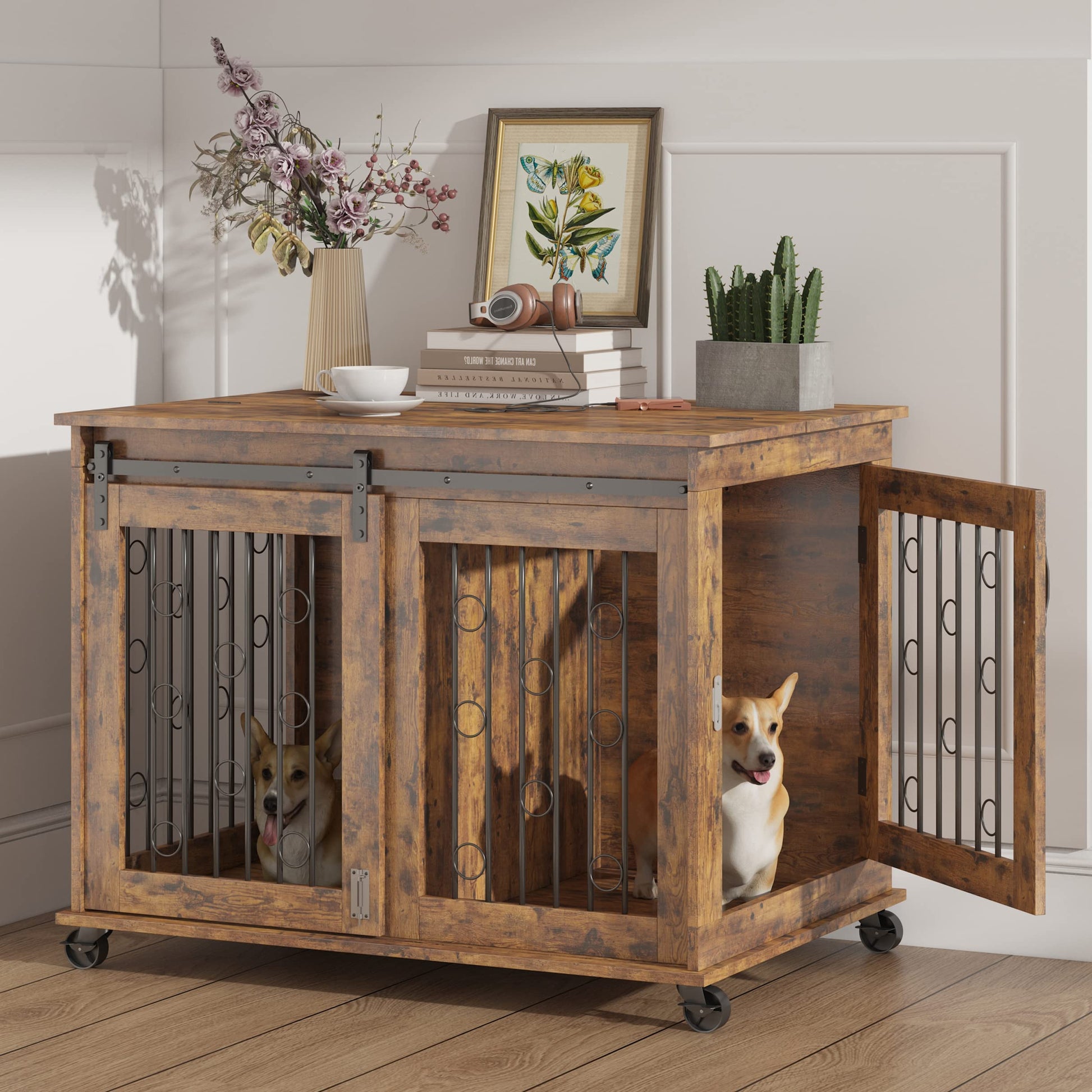 Rophefx Dog Crate Furniture with Sliding Door, Dog Kennel Indoor with Partition for Two Puppies, Dog Cage with Flip-up Top and Wheels, Chew-Resistant Wooden Double Dog Crate, Brown - WoodArtSupply