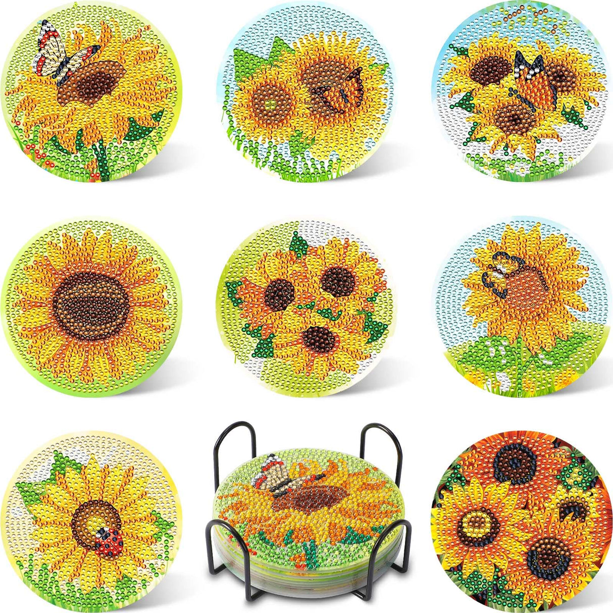 UPINS 8Pcs Sunflower Diamond Art Painting Coasters for Drinks DIY Coaster Diamond Art Kits for Adults Diamond Art Craft Supplies (Sunflower) UPINS
